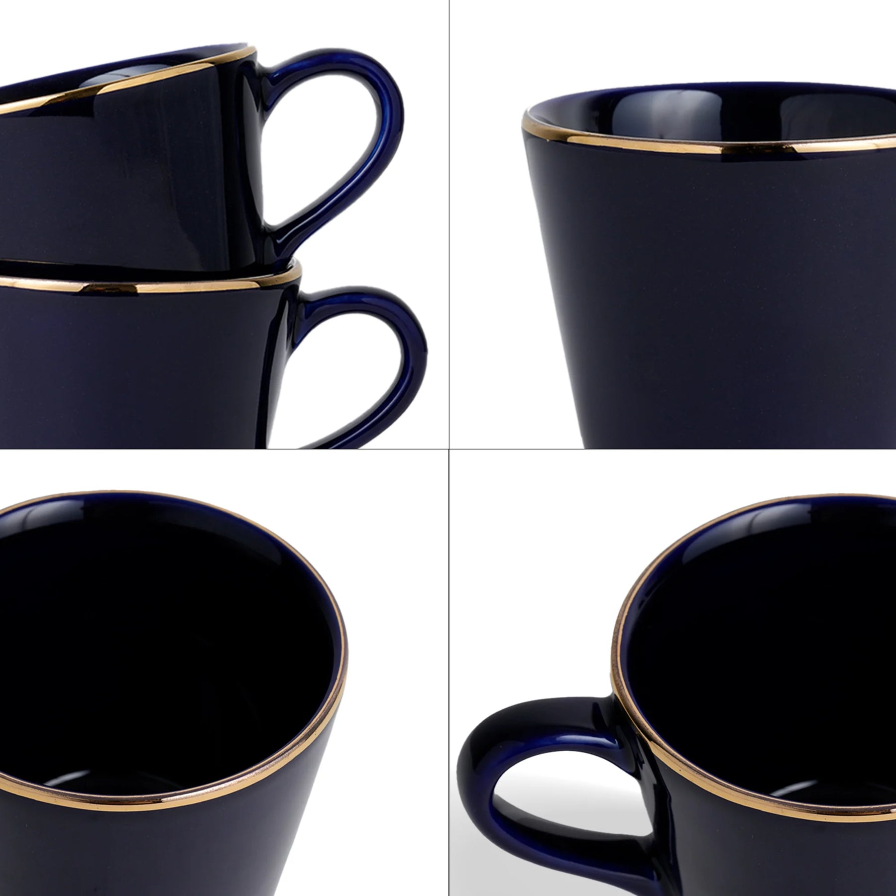 Ceramic Tea Cup Set | Blue with Real Gold Line | 180ml | Set of 6 | Gold Line Collection