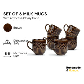 Set of 6 brown milk mugs with decorative patterns on a white background, featuring icons for dishwasher and microwave safety.