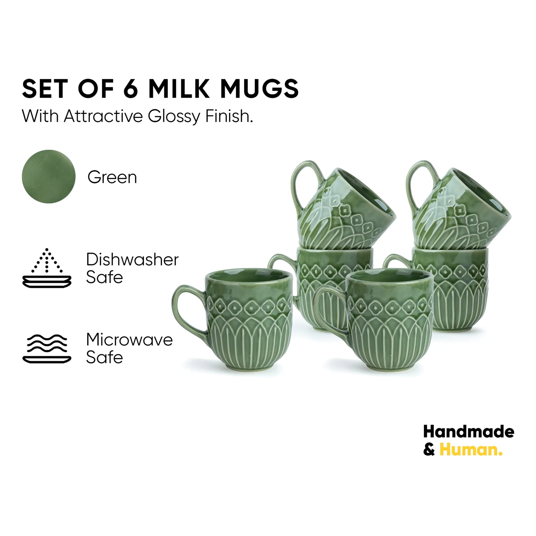 Set of 6 green milk mugs with decorative patterns on a white background, featuring icons for dishwasher and microwave safety.