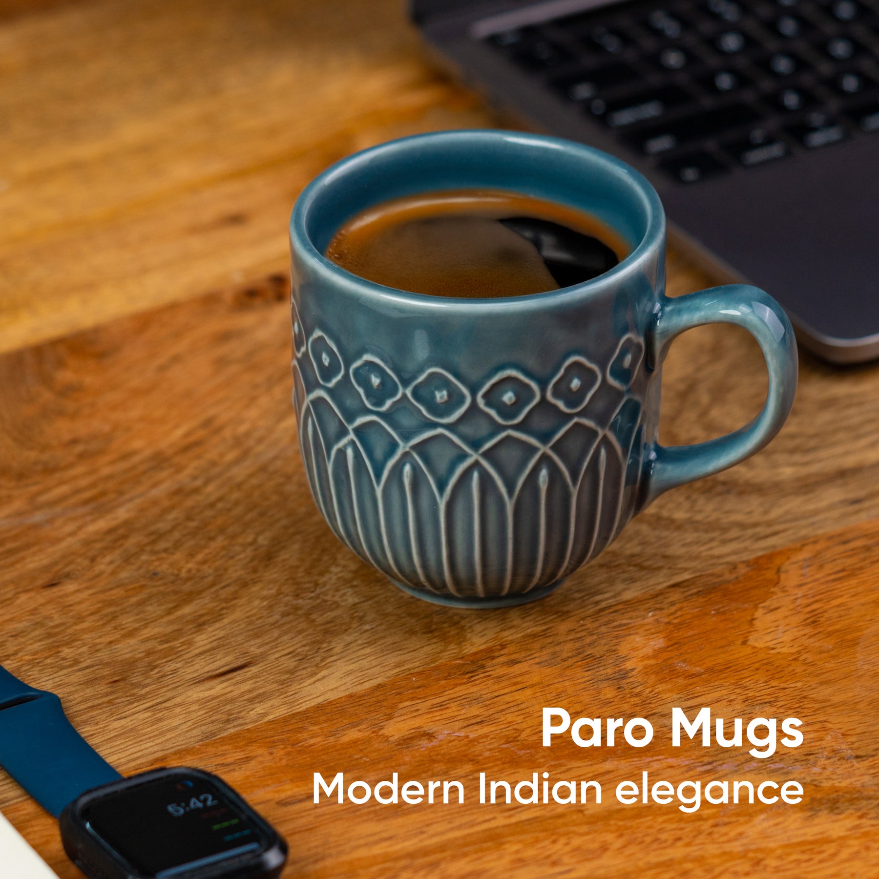 Carving Ceramic Coffee Mug – Blue Grey, 330ml