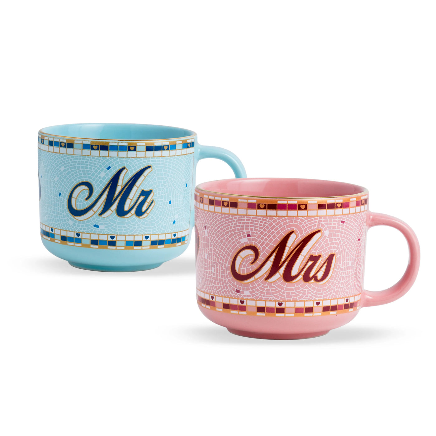 Two mugs, one blue with 'Mr' and one pink with 'Mrs', on a white background.