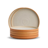 Set of ceramic bowls with brown rim and beige interior on a white background