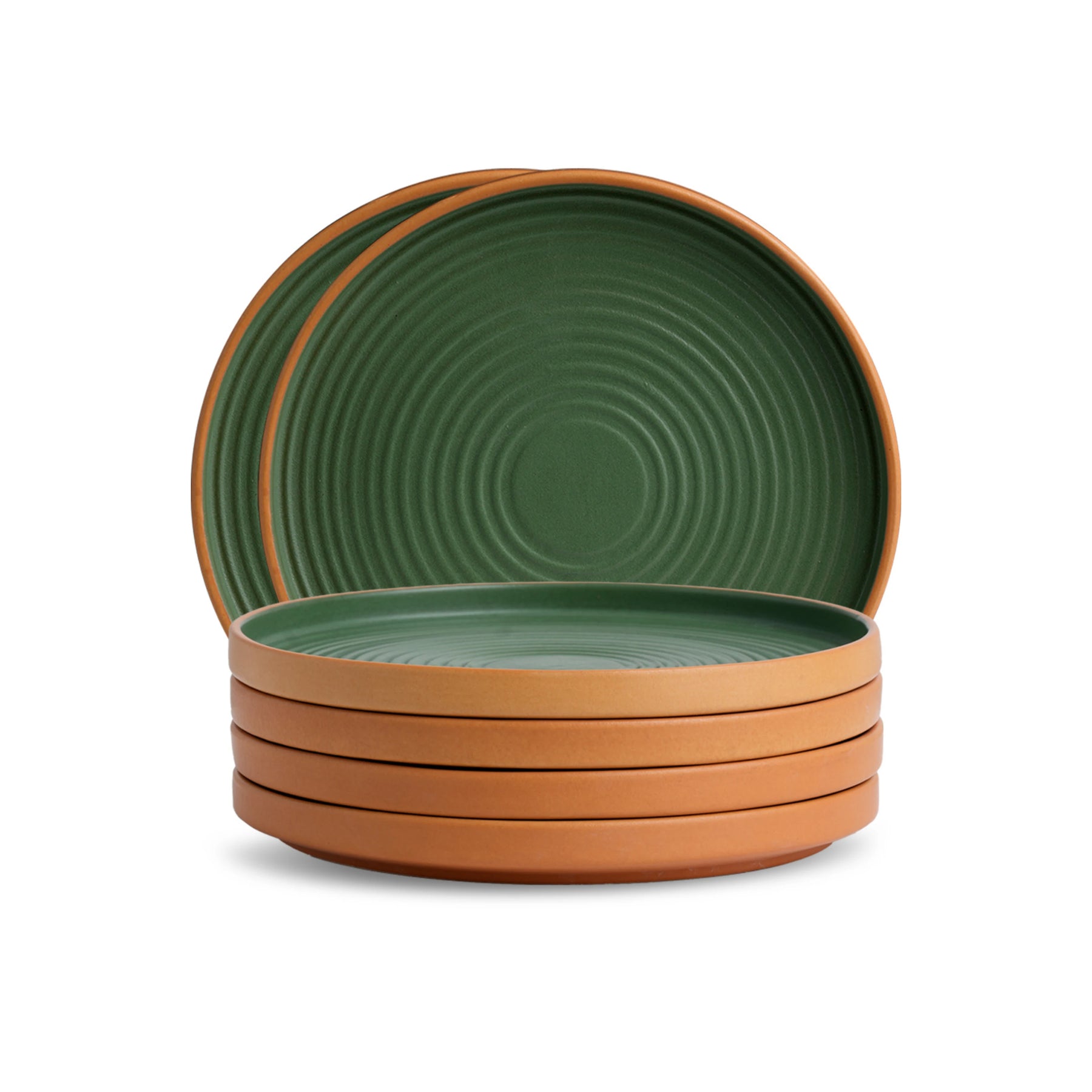 Set of green and terracotta ceramic plates on a white background