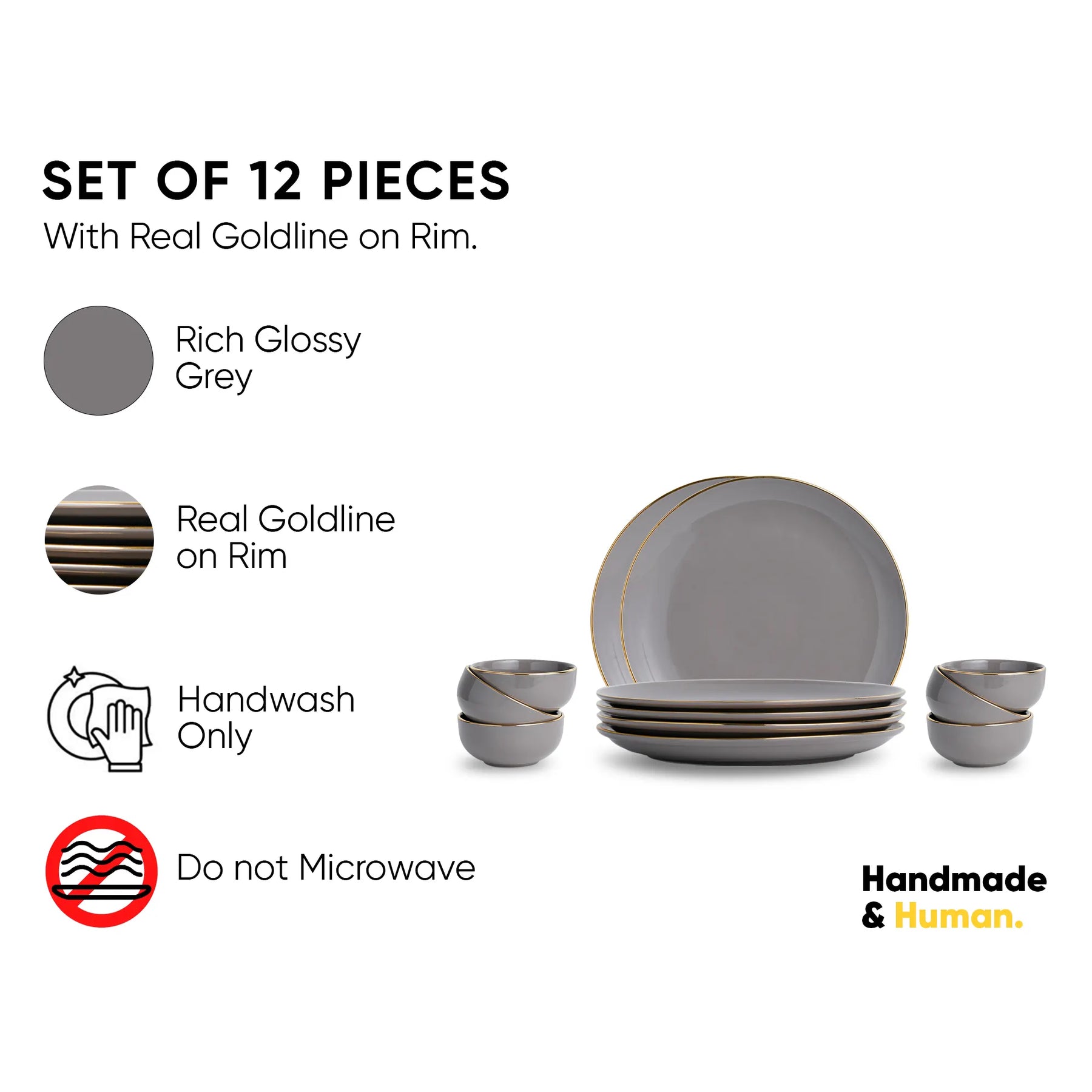 Ceramic Dinner Set – 12 Pieces | Grey Gold | Glossy Finish | Premium Ceramic | Real Gold Detailing | Goldline Series