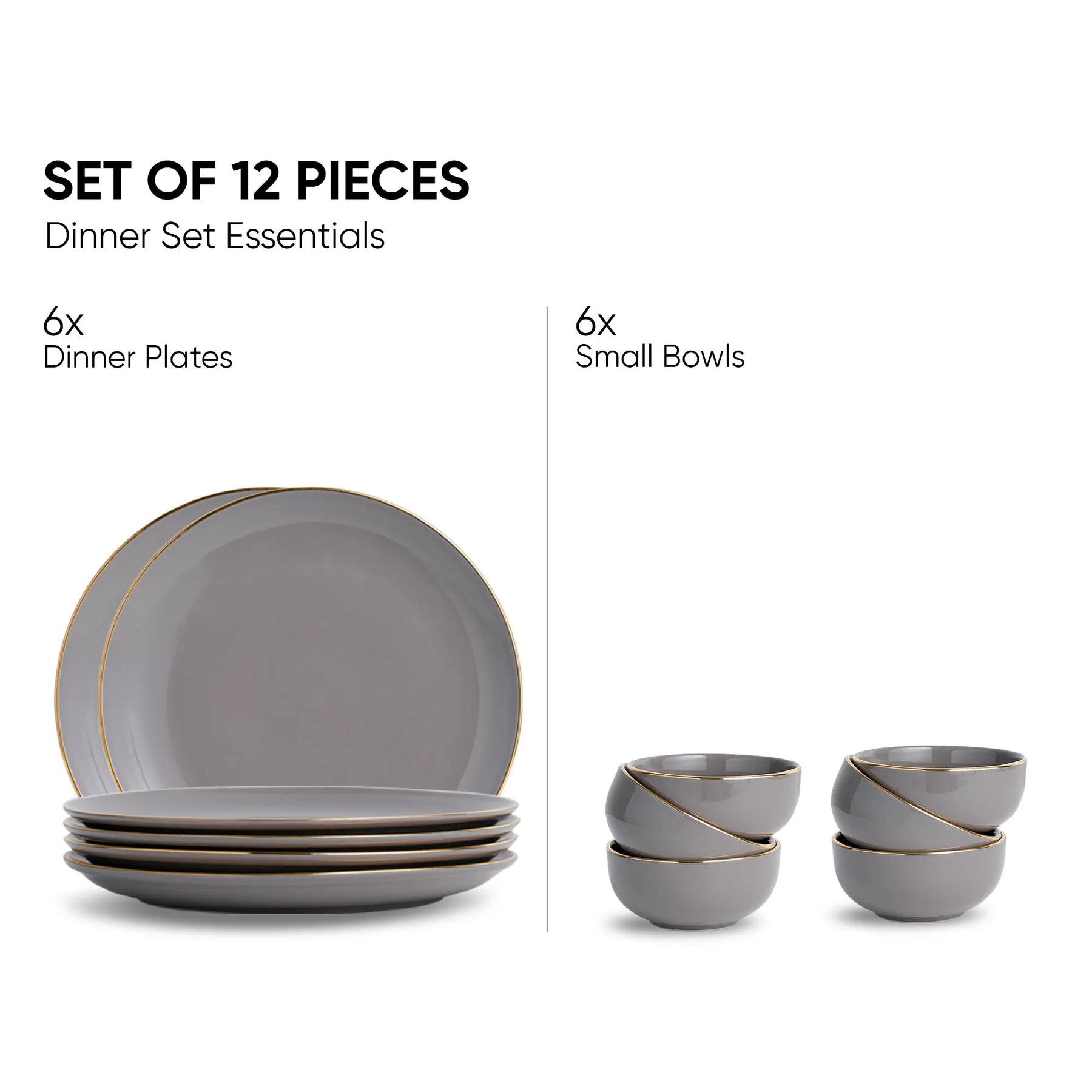 Ceramic Dinner Set – 12 Pieces | Grey Gold | Glossy Finish | Premium Ceramic | Real Gold Detailing | Goldline Series