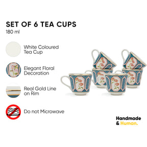 Parterre Ceramic Tea Cups with Gold Rim – 180 ML | Set of 6