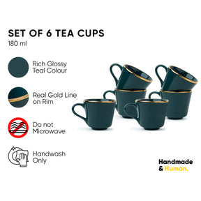 Ceramic Tea Cup Set of 6, 180 ml, Real Gold Line