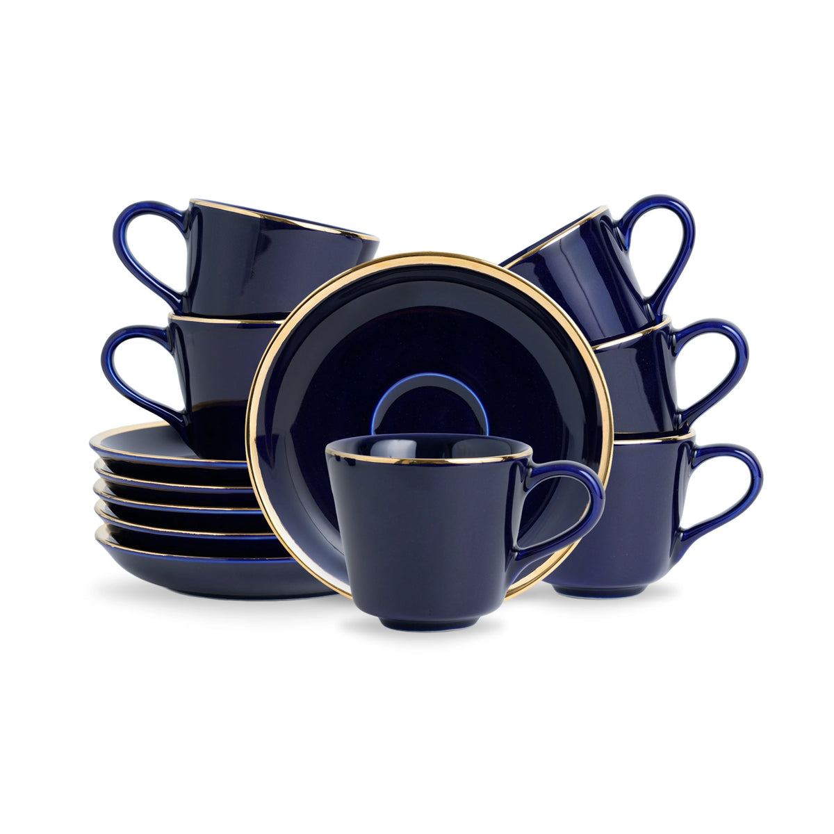 Navy blue dinnerware set with gold trim on a white background