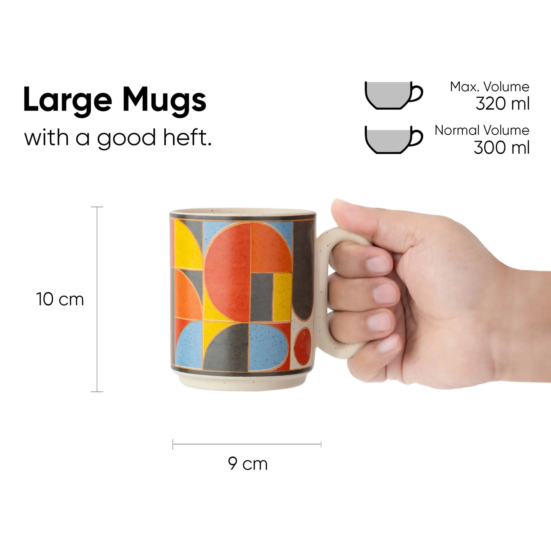 Multicolored mug held by a hand with measurements and volume details on a white background