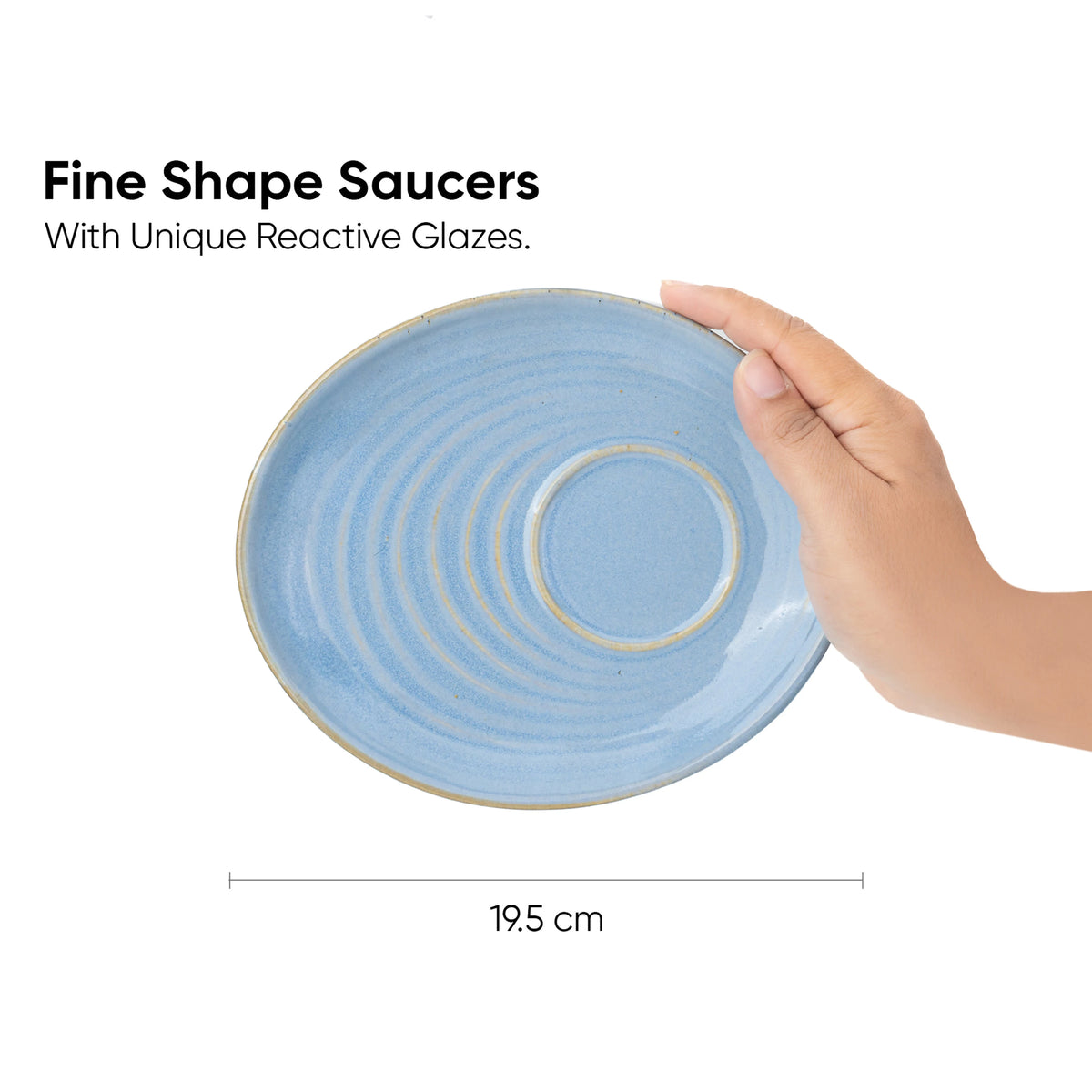 Blue ceramic saucer held by a hand with text about unique reactive glazes.