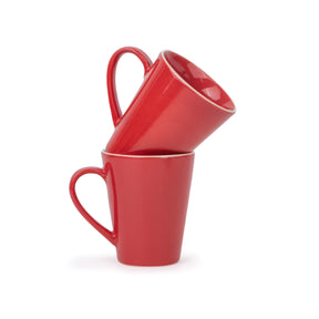 Two red mugs stacked on a white background
