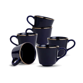 Ceramic Tea Cup Set | Blue with Real Gold Line | 180ml | Set of 6 | Gold Line Collection