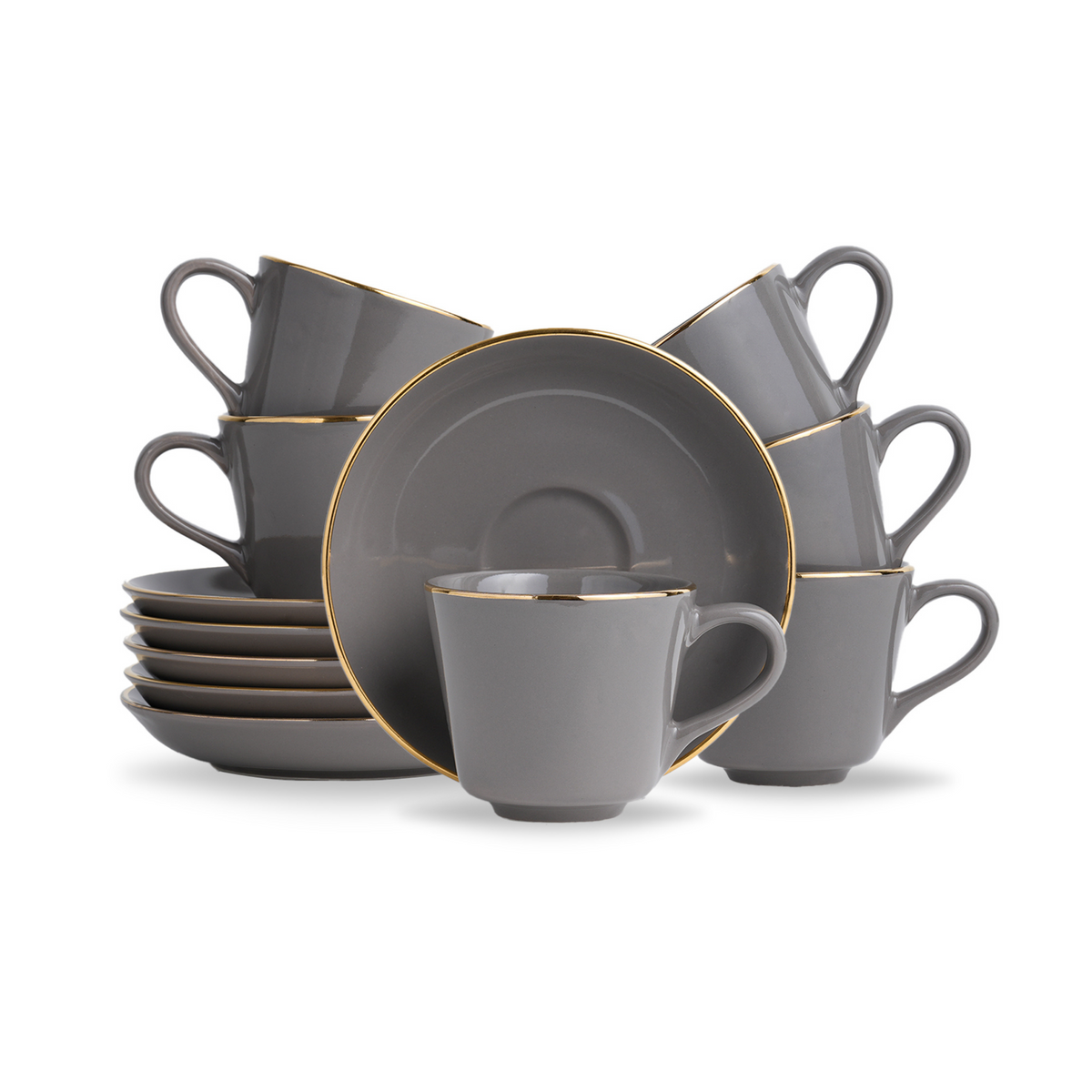 Ceramic Tea Cup Saucer Set | Goldline Collection | 180ml | Set of 6 | Glossy Finish
