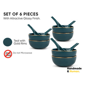 Ceramic Soup Bowl Set | 300ml | With Spoons | Set of 6 | Glossy Finish