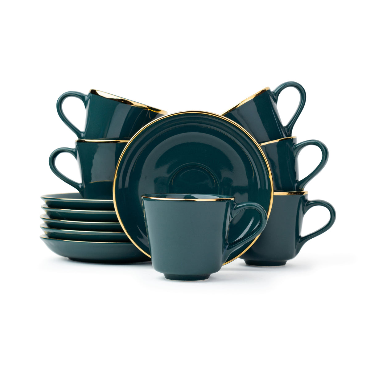 Ceramic Tea Cup Saucer Set | Goldline Collection | 180ml | Set of 6 | Glossy Finish