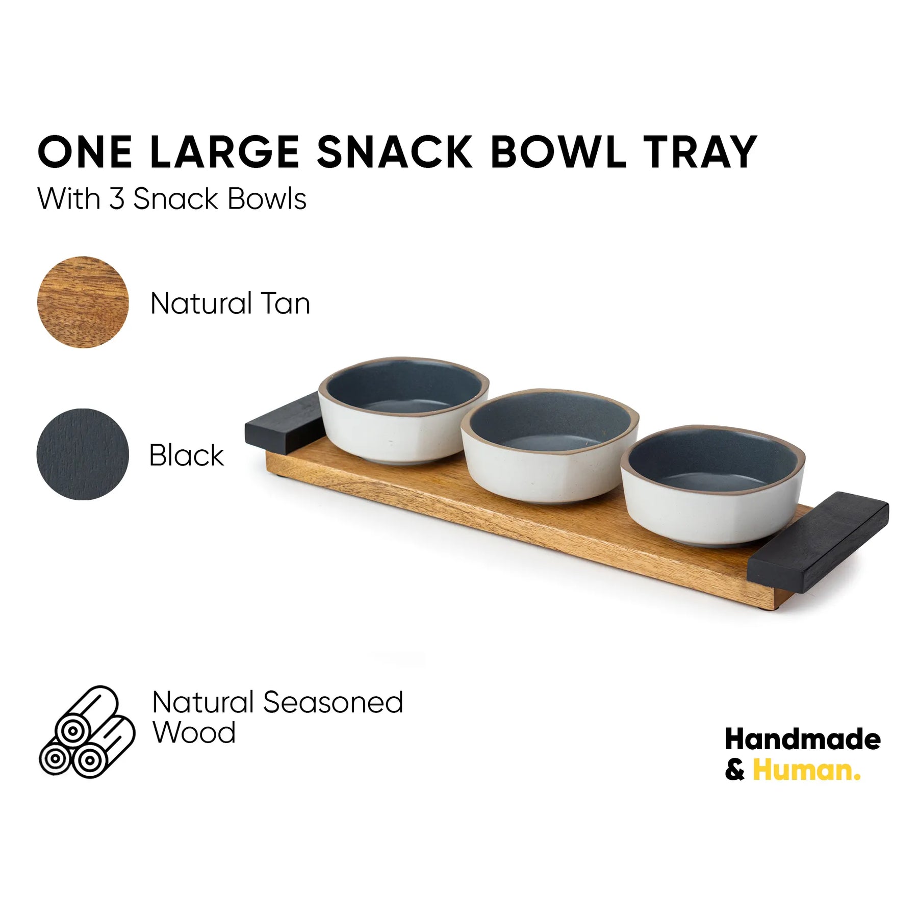 Snack bowl tray with three bowls on a wooden base, featuring natural tan, black, and natural seasoned wood finishes.